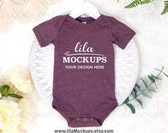 STOCK PHOTO - baby bodysuit Mockup photo / Heather Maroon Bella Canvas 100B baby bodysuit mock up image / JPG digital download