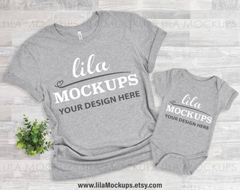 Mommy and me gray tshirt Mockup PHOTO / mom and baby shirt mock up photo / baby and adult tshirt mock-up / family tshirt Flatlay