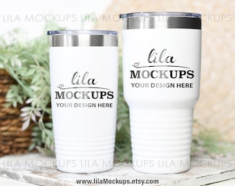 two white Tumblers Mockup PHOTO / 20 oz white & 30 oz white tumbler mockup photo / polar camel mock up / tumbler stock photo / digital file