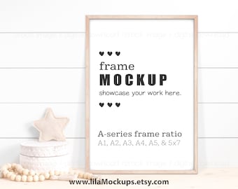 Vertical Wood Frame Mockup image - PNG & JPG file, ISO A-series ( A1, A2, A3, A4, ...5x7) Thin Natural Wood Frame, baby room