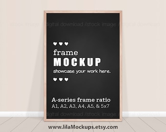 Chalkboard Wood Frame Mockup image - PNG & JPG file, ISO A-series ( A1, A2, A3, A4, ...5x7) Image of Thin Natural Wood Frame on the floor