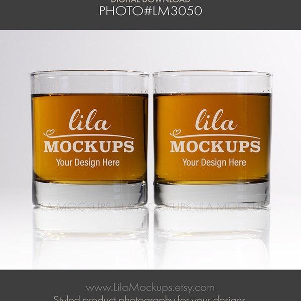 two (2) Whiskey glasses MOCKUP PHOTO / staged photo of two whiskey glasses / glass mock-up photo / JPG File / Stock Photo