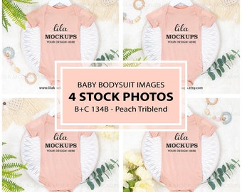 Baby bodysuit mockup BUNDLE / Bella Canvas 134B - Peach Triblend / peach pink baby bodysuit mock up images / STOCK PHOTO - digital download