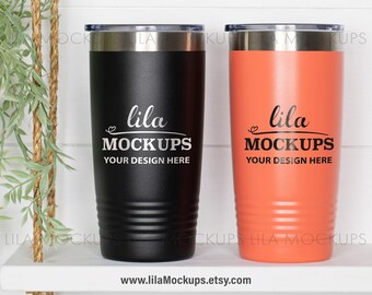 STOCK PHOTO - two 20 oz Tumblers Mockup photo / black and coral / SureGrip tumbler mock up stock photo - JPG file / digital download