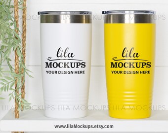 STOCK PHOTO - two 20 oz Tumblers Mockup photo / white and Yellow / SureGrip tumbler mock up stock photo - JPG file