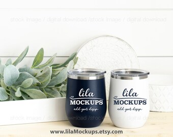 STOCK PHOTO - 12 oz Polar Camel Navy Blue and White tumbler stock photo / polar camel mockup image / digital file - two tumblers mockup