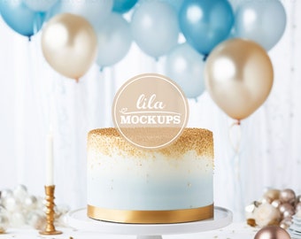 Mockup image for your baby boy cake topper design - JPG stock photo, cake mockup, baby blue & white, baby shower cake, balloons, JPG