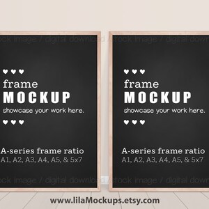 May include: Two black framed mockups with the text "frame MOCKUP showcase your work here." and "A-series frame ratio A1, A2, A3, A4, A5, & 5x7" on a light wood floor and a light beige wall.