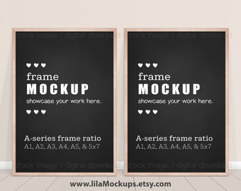 2 Vertical Chalkboard Wood Frames Mockup image - PNG & JPG file, A-sizes ( A1, A2, A3, A4, ...5x7) two thin Natural Wood Frames on the floor
