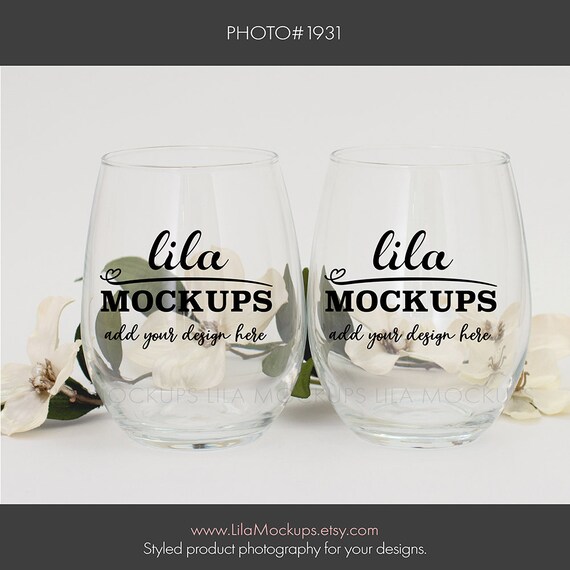 Photo Of Two 2 Stemless Wine Glasses Mockup Photo Staged Etsy