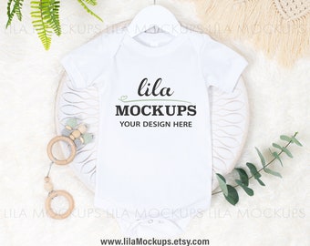 STOCK PHOTO baby bodysuit Mockup image / baby bodysuit flatlay photo / white Bella Canvas baby bodysuit mock up / digital download JPG file