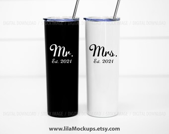 black and white 20 oz tumbler mockup photo / His and Hers Skinny Stainless Steel Tumbler Mock up photo, two 20 oz tumblers / stock photo