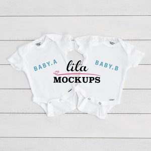 Twin Baby Onesies ® MOCKUP PHOTO / Gerber © onesie ® stock photo mockup / two white baby bodysuits mock-up photo / white Bodysuit Mock-up