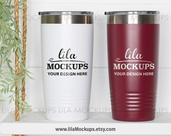 STOCK PHOTO - two 20 oz Tumblers Mockup photo / white and Maroon (dark red) / SureGrip tumbler mock up stock photo - JPG file