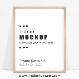 Vertical wood Frame Mockup - PNG & JPG file / 4:5 frame ratio - 8x10 or 16x20 / Thin Natural Wood Frame on floor Mock up, digital download