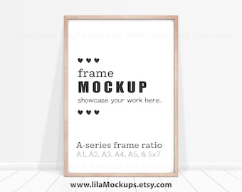 Vertical Wood Frame Mockup image - PNG & JPG file, ISO A-series ( A1, A2, A3, A4, ...5x7) Image of Thin Natural Wood Frame on the floor