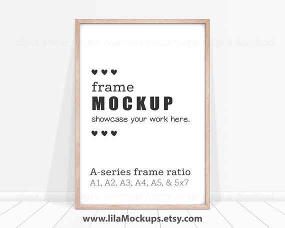 Vertical Wood Frame Mockup image - PNG & JPG file, ISO A-series ( A1, A2, A3, A4, ...5x7) Image of Thin Natural Wood Frame on the floor
