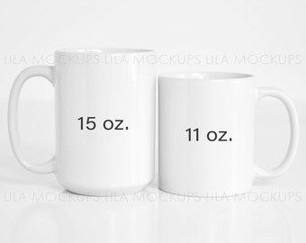 STOCK PHOTO - JPG file  / 15 oz and 11 oz coffee mugs mockup image / two white coffee cups - styled stock photo / coffee mug size comparison