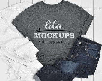 Dark Gray tshirt Mockup photo / gray t-Shirt mock up photo / tshirt flatlay Stock Photo / dark gray heather Bella Canvas tee mockup
