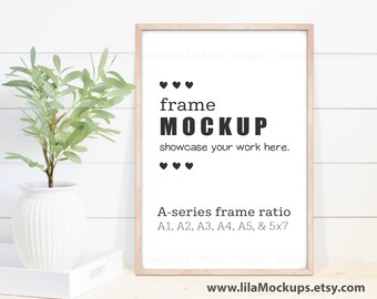 Vertical Wood Frame Mockup image - PNG & JPG file,International A sizes ( A1, A2, A3, A4, ...5x7) Image of Thin Natural Wood Frame