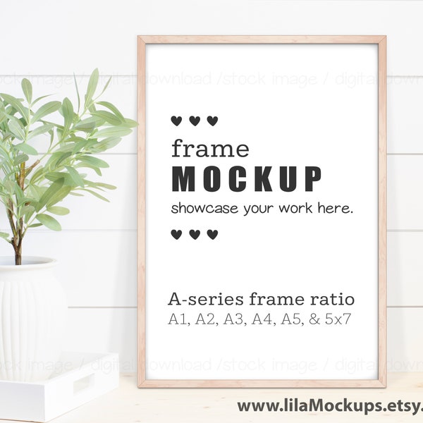 Vertical Wood Frame Mockup image - PNG & JPG file,International A sizes ( A1, A2, A3, A4, ...5x7) Image of Thin Natural Wood Frame