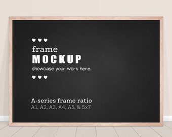 horizontal Chalkboard Wood Frame Mockup image - PNG & JPG file, ISO A-series ( A1, A2, A3, A4, ...5x7) Image of Natural Wood frame