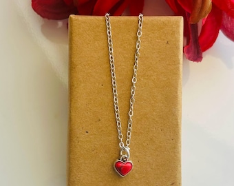 Dainty Red Tibetan Turquoise Heart Necklace: Minimalist Silver Pendant