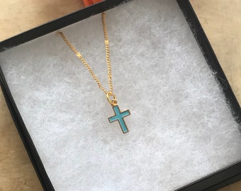 A Turquoise Colour Cross Necklace,Gold Plated Pendant