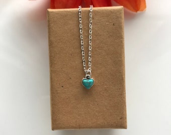 Dainty Turquoise Heart Necklace: Silver Pendant, Minimalist Style