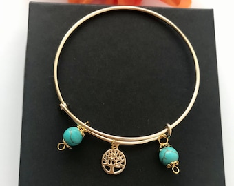 A Cyrstal Turquoise, Turquoise Bracelet,Gemstone Bracelet,Tree of Life Bracelet, Bangle Bracelet, Gift, Birthday Gift