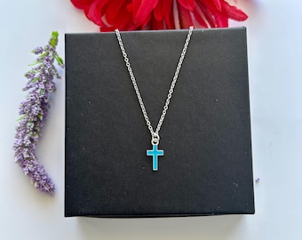 A Turquoise Colour Cross Necklace, Stainless Steel