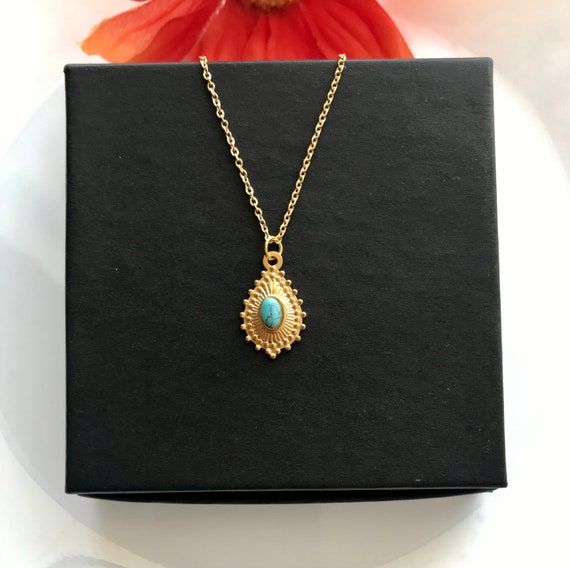 Collier Long Vintage En Pierres Turquoise - Sautoir Années 90 - Longueur ~55 Cm - Occasion