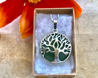 Jade Tree of Life Pendant Necklace - Reiki Healing, 18in Silver Chain