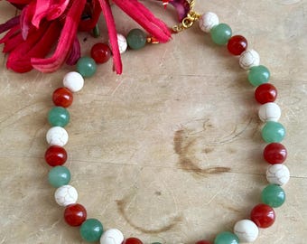 12mm Beaded Gemstones Necklace for women - gift- natural stones - Aventurine-- Howlite- Carnelian