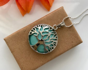 Turquoise Tree of Life Necklace: Natural Gemstone Pendant, 18in Silver Chain