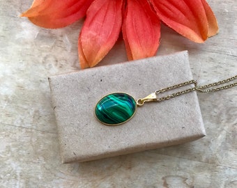 Malachite Oval Pendant Necklace: Gold Filled Chain, Healing Gemstone