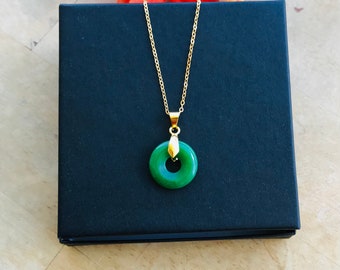 Green Jade Donut Necklace: Stainless Steel Chain
