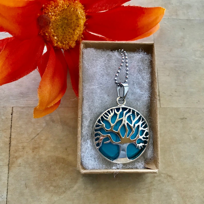 Reiki Blue Turquoise Tree of Life Necklace Pendant