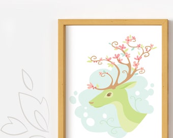 Afdrukbare lente gewei herten kunst, Woodland Animals Art Print, PDF Download voor nursery decor of afdrukbare kaarten