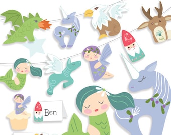 Printable Mythical Creatures art PDF, SVG, PNG make fantasy Party Decorations, Cricut cut files, Baby Shower decor, Clipart, Scrapbook