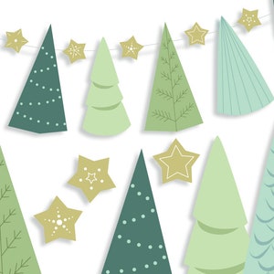 diy Printable Pine Trees and Stars Garland and party decor PDF, PNG, SVG files, Christmas gift tags, paper craft decorations and ornaments