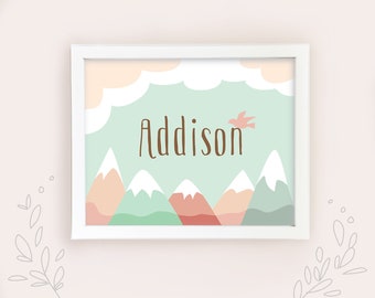 Personalized Mountain Baby Name art print, Baby Shower gift, adventure nursery decor, printable wall art