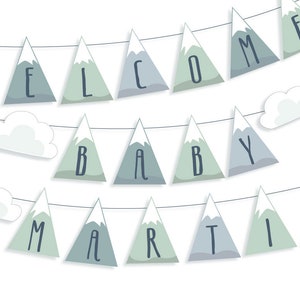 Customizable Printable Mountain Baby Shower Garland, SVG, DIY Adventure Awaits nursery, Custom Banner, birthday party