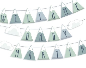 Customizable Printable Mountain Baby Shower Garland, SVG, DIY Adventure Awaits nursery, Custom Banner, birthday party