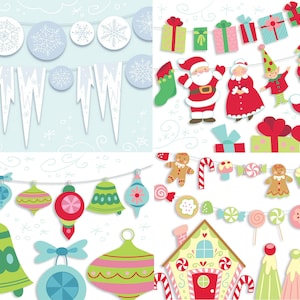 Four sets of Printable Christmas Party Decorations, PDF, PNG clip art, SVG cut files, Holiday Gingerbread house, Santa, ornaments, Gift Tags