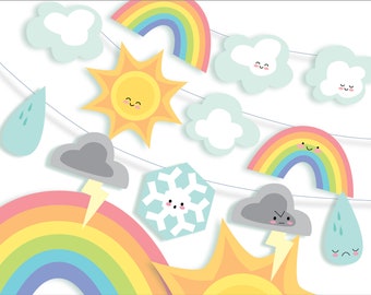 PDF, SVG, PNG Printable Weather, Clouds and Rainbows craft files to make Garlands, Party Decor, Stickers, etc.