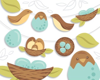 Bird and Nest Printable diy party decorations, PDF, PNG clip art, SVG cut files for Spring Easter eggs and nest Baby Shower and more