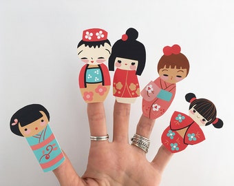 diy PDF, SVG, PNG Kokeshi Dolls Finger Puppets, Printable download, clip art for Party Decorations, Scrapbooking and More