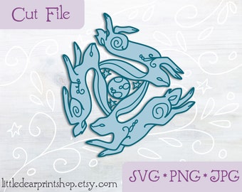 SVG Three Hares cut file for Cricut, Silhouette, PNG, JPG bunny rabbit mandala clip art