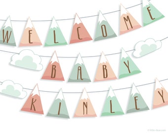 Personalized Pastel Mountain Baby Shower Garland, Printable Alphabet Adventure Awaits camping nursery sign, Custom Banner